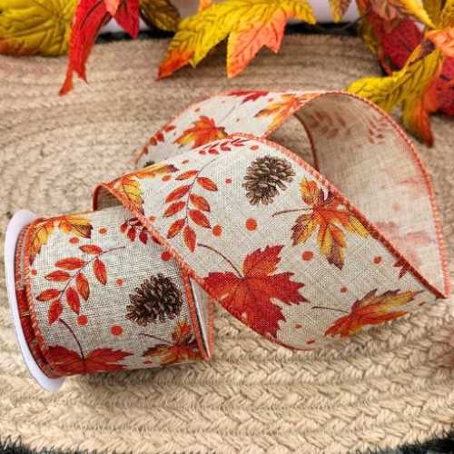 1 Yard Autumn Leaf Linen Look Ribbon - The Homespun Loft