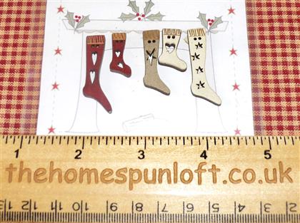 5 Primitive Christmas Stocking Wooden Buttons
