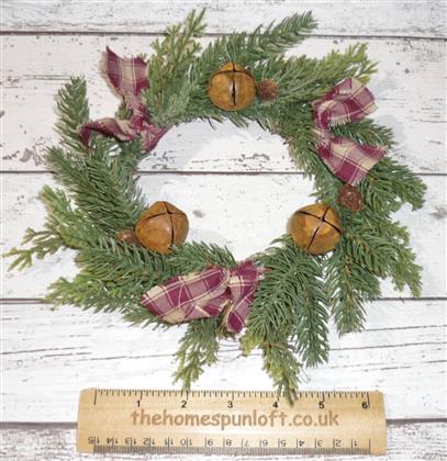 8" Primitive Evergreen Homespun Wreath Rusty Bells