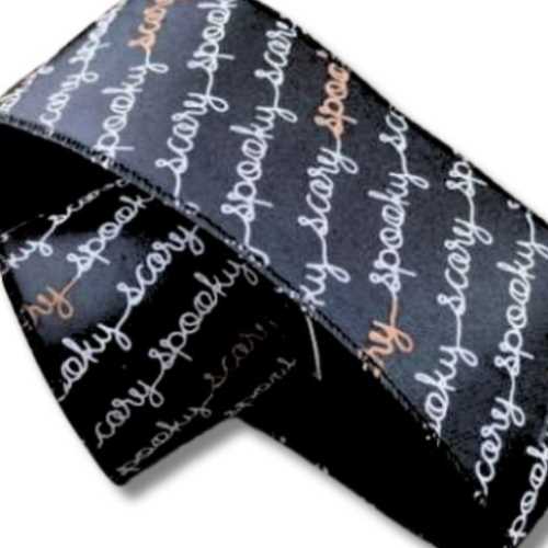60mm Black Halloween Spooky Scary Wired Ribbon - The Homespun Loft