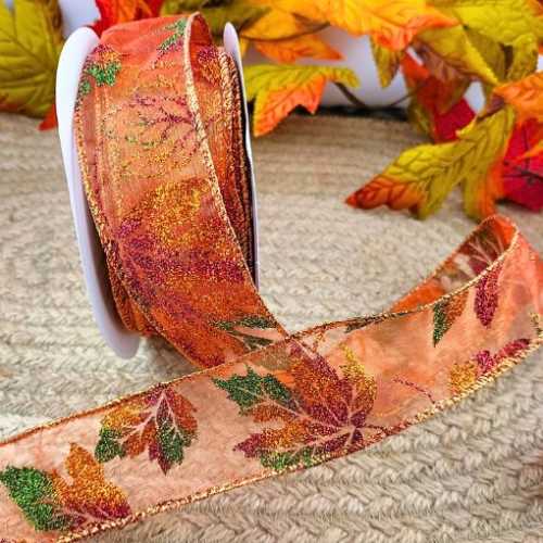 Glitter Autumn leaves Wired Ribbon - The Homespun Loft