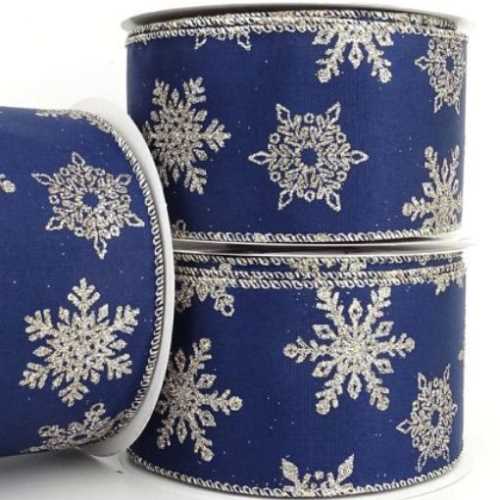 Navy Wired Ribbon SiIver Sparkle Snowflakes - The Homespun Loft