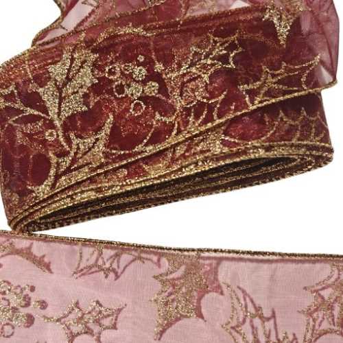 63mm Burgundy Glitter Holly Christmas Wired Ribbon - The Homespun Loft