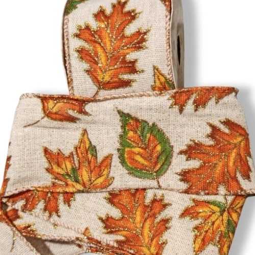 60mm Glittery Autumn Leaves Wired Ribbon - The Homespun Loft