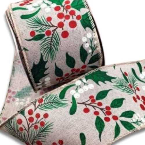 60mm Holly and Mistletoe Christmas Wired Ribbon - The Homespun Loft