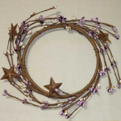5" Mauve Cream Pip Berry Candle Ring Rusty Stars - The Homespun Loft