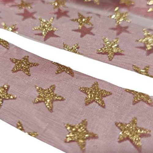 38mm Burgundy Organza Ribbon with Gold stars - The Homespun Loft