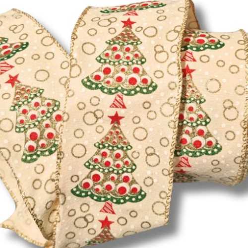 63mm Rich Cream Christmas Tree Glitter Ribbon - The Homespun Loft