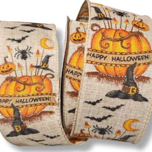 63mm Happy Halloween Glittery Wired Ribbon - The Homespun Loft