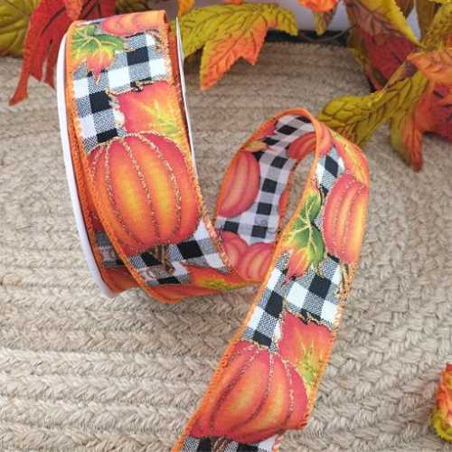 1 Yard Black White Gingham Pumpkin Wired Ribbon - The Homespun Loft