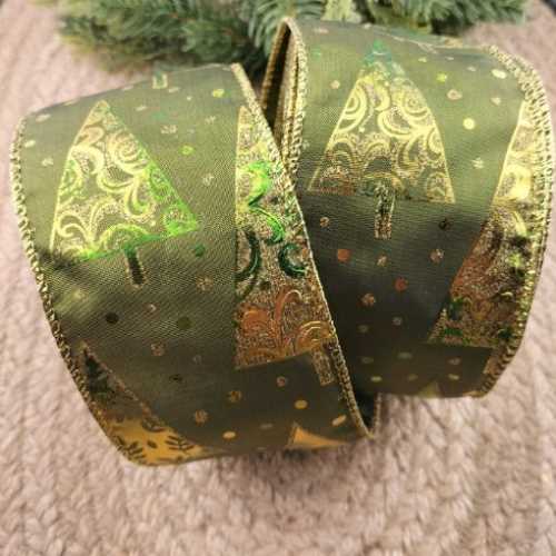 Green Gold Christmas Trees Wired Ribbon - The Homespun Loft