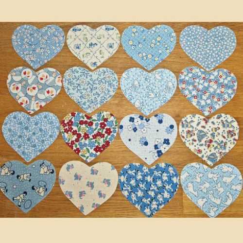 16 Blue Cotton Fabric Heart Die Cut Shapes - The Homespun Loft