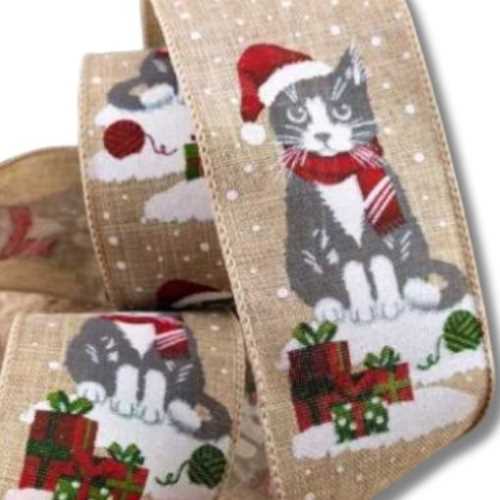60mm Christmas Cat Glitter Wired Ribbon - The Homespun Loft