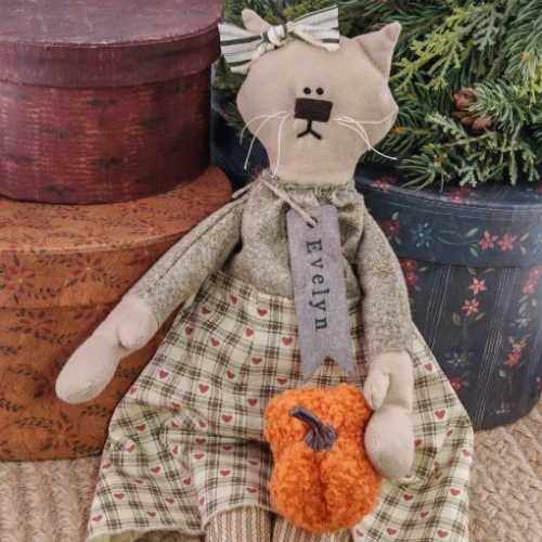 12" Handmade EVELYN Kitty Cat Doll with Pumpkin - The Homespun Loft