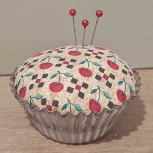 Primitive Cherry Pin Cushion in Vintage Tart Tin - The Homespun Loft