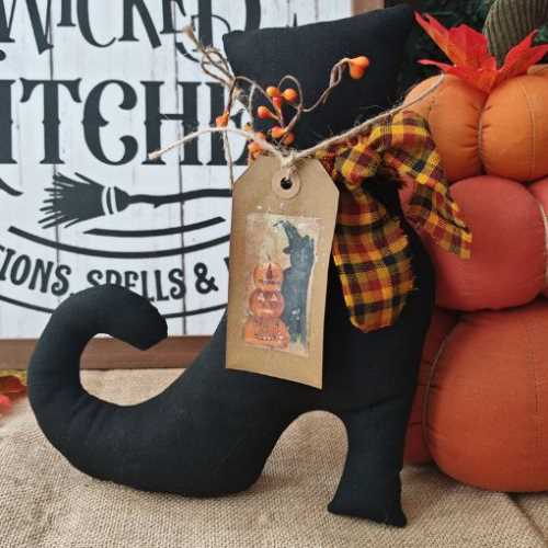 10" Primitive Witch Boot Handmade OOAK Halloween - The Homespun Loft