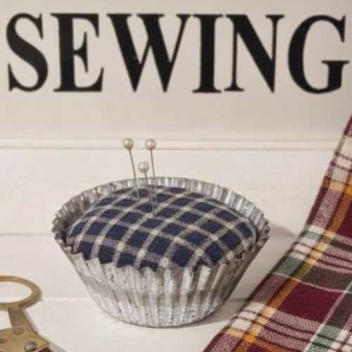 Blue Homespun Pin Cushion in Vintage Tart Tin - The Homespun Loft
