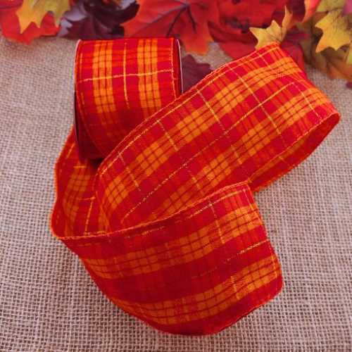 Autumn Hot Red Orange Gold Checked Wired Ribbon - The Homespun Loft
