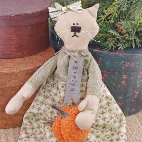 12" Handmade EVELYN Kitty Cat Doll with Pumpkin - The Homespun Loft