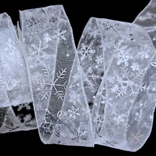 60mm Ice Silver Organza Snowflake Christmas Ribbon - The Homespun Loft