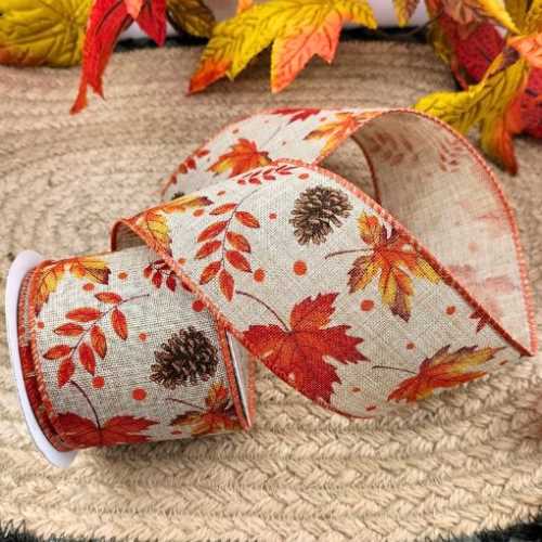 Autumn Leaf Pine Cone Linen Look Wired Ribbon - The Homespun Loft
