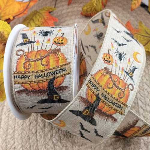 Happy Halloween Glittery Retro Look Wired Ribbon - The Homespun Loft