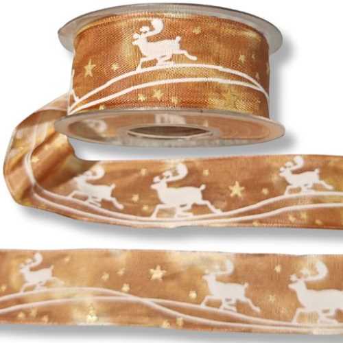 38mm Brown Reindeer Christmas WIred Ribbon - The Homespun Loft