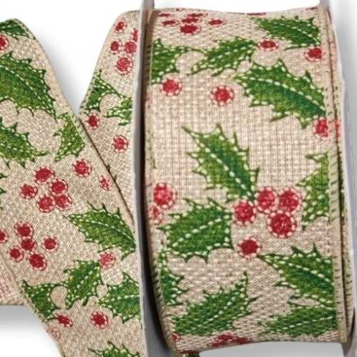 63mm Christmas Holly Leaf Country Wired Ribbon - The Homespun Loft