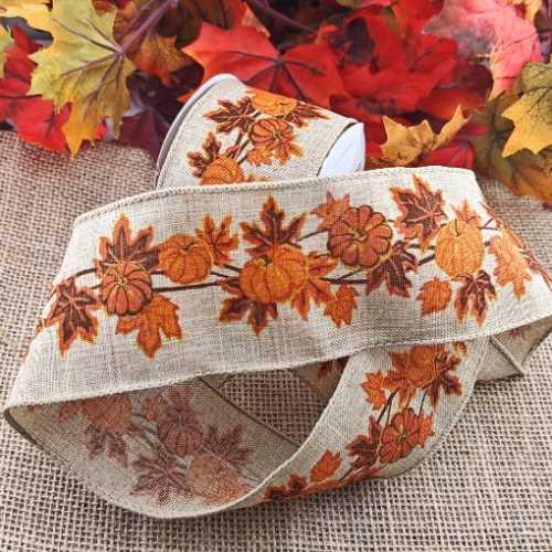 Autumn Leaf Pumpkin Linen Look Wired Ribbon - The Homespun Loft