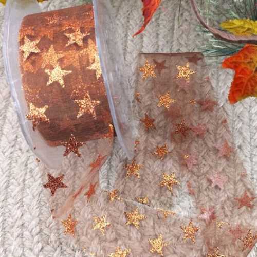 Autumn Bronze Glittery Star Ribbon - The Homespun Loft