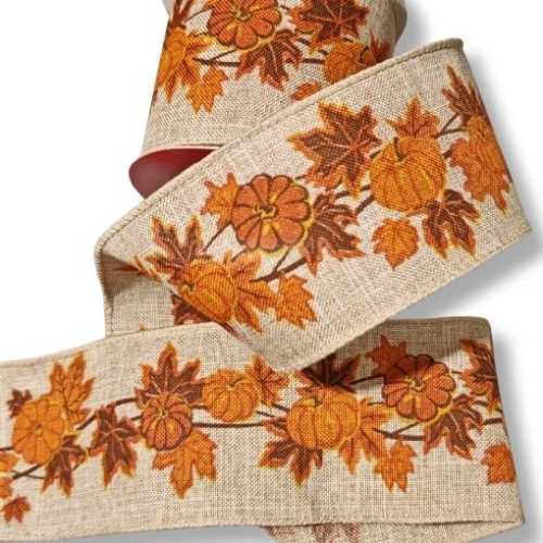 60mm Autumn Leaf Pumpkin Linen Look Wired Ribbon - The Homespun Loft