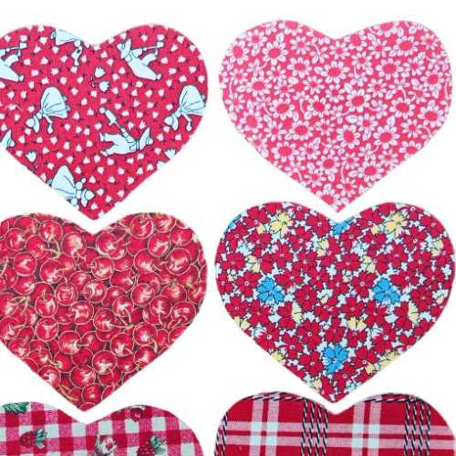 12 Retro Reds Cotton Fabric Heart Die Cut Shapes - The Homespun Loft