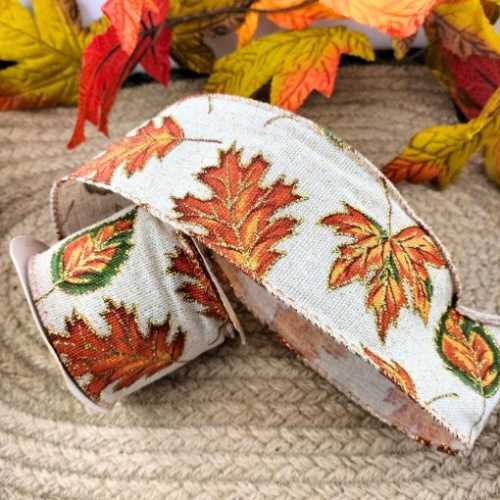 Glittery Autumn Leaves Wired Ribbon - The Homespun Loft