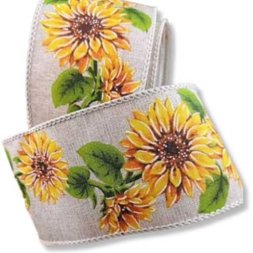 60mm Autumn Sunflower Wired Ribbon - The Homespun Loft