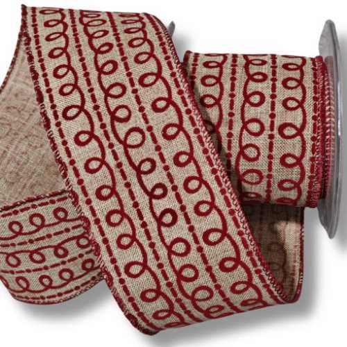 63mm Linen Look Burgundy Flock Ribbon - The Homespun Loft