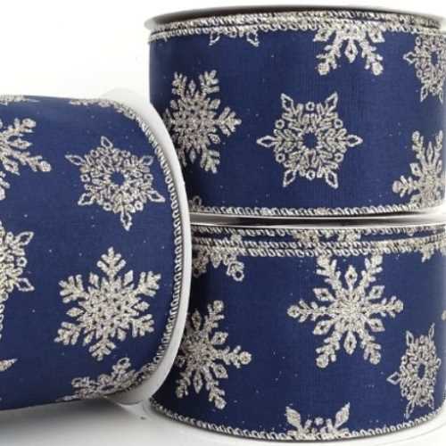 60mm Navy Silver Sparkle Snowflakes Wired Ribbon - The Homespun Loft