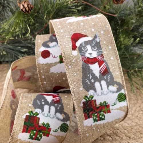 Christmas Cat Glitter Wired Ribbon - The Homespun Loft