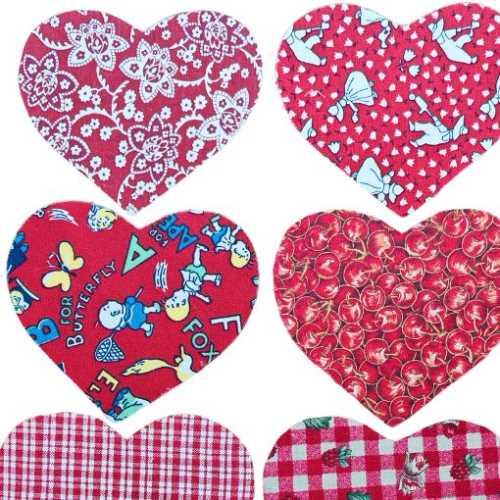 12 Retro Reds Cotton Fabric Heart Die Cut Shapes - The Homespun Loft