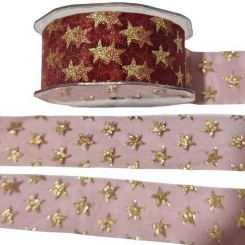 38mm Burgundy Organza Ribbon with Gold stars - The Homespun Loft
