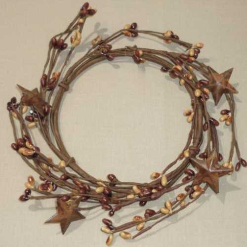 5" Tan/Brown Pip Berry Candle Ring and Rusty Stars - The Homespun Loft