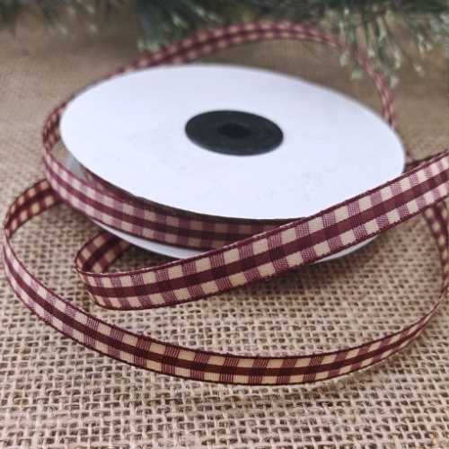 10mm Primitive Burgundy Tan Homespun Check Ribbon - The Homespun Loft