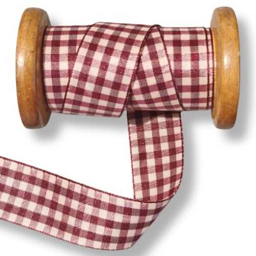 25mm Primitive Burgundy Tan Homespun Check Ribbon - The Homespun Loft