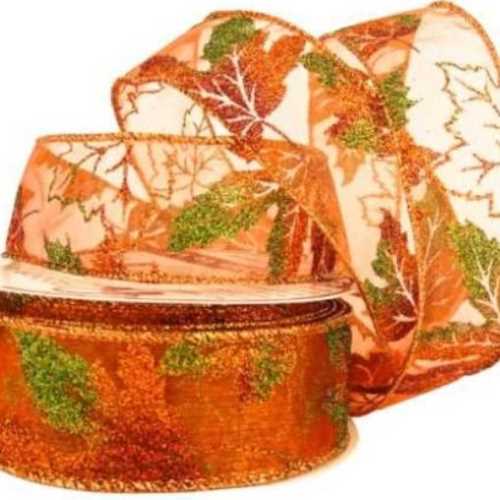 38mm Glitter Autumn leaves Wired Ribbon - The Homespun Loft