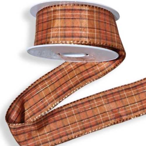 40mm Autumn Brown Copper Checked Ribbon - The Homespun Loft