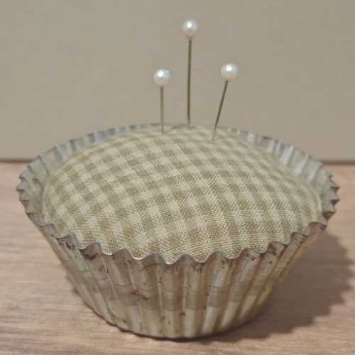 Sage Tan Homespun Pin Cushion in Vintage Tart Tin - The Homespun Loft