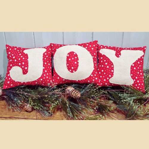Set of 3 JOY Christmas Primitive Mini Cushions - The Homespun Loft