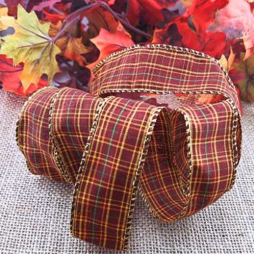 Autumn Browns Gold Checked Wired Ribbon - The Homespun Loft