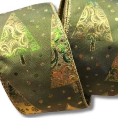 60mm Green Gold Christmas Trees Wired Ribbon - The Homespun Loft