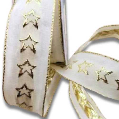 40mm Cream Christmas Gold Star Wired Ribbon - The Homespun Loft