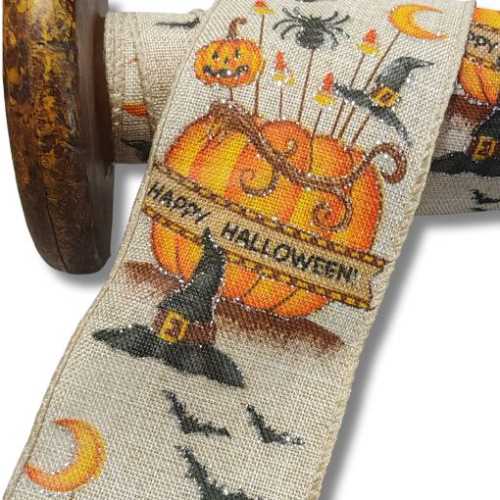 63mm Happy Halloween Glittery Wired Ribbon - The Homespun Loft